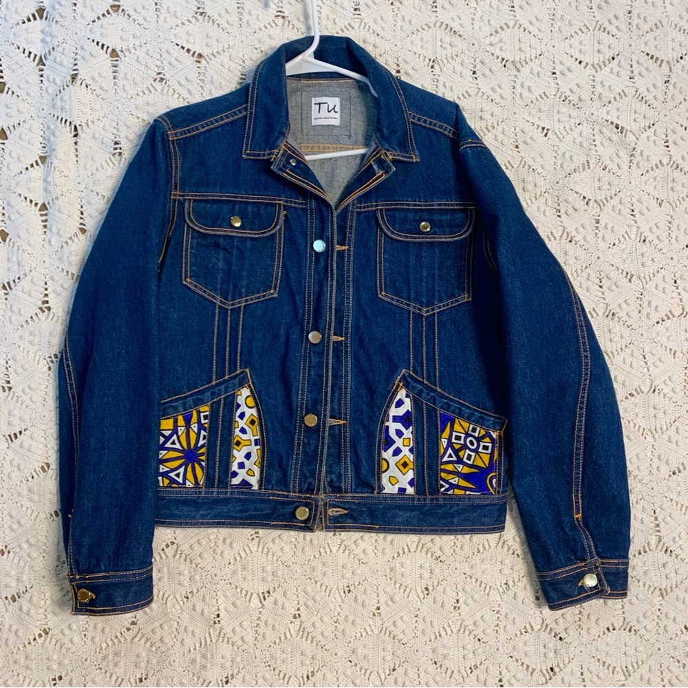 Tu Upcycled Denim Jacket with Geometric Pockets